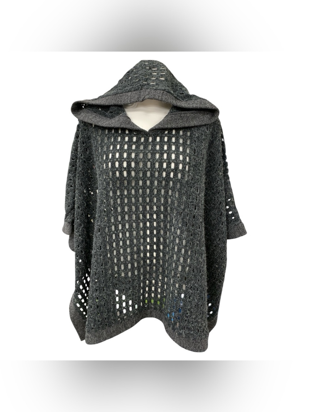 Shannon Passero Hooded Open-Knit Poncho Sweater in Charcoal Gray Size M